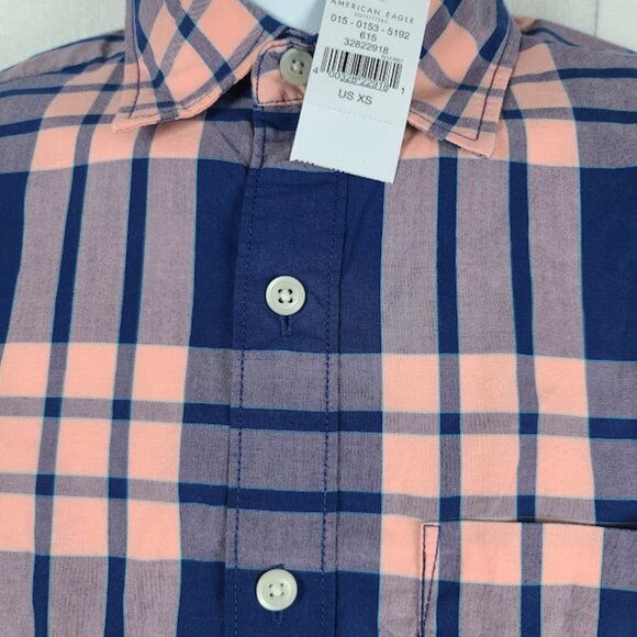 American Eagle Men's Navy Pink Plaid Long Sleeve Casual Button-Front Shirt XS - Picture 5 of 7